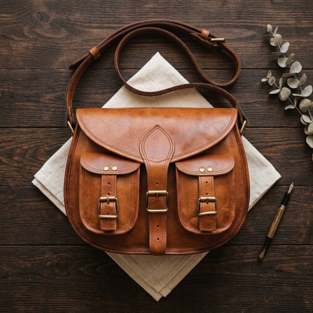 A top-down flat lay view of a brown leather satchel bag with three brass buckle straps, resting on a folded off-white cloth over a dark wooden surface, accented by a fountain pen and a sprig of dried eucalyptus leaves.