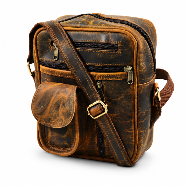 A front-facing studio shot of a rugged, distressed brown leather messenger bag isolated on a solid white background. The bag features multiple zippered front pockets, a flap pouch with a magnetic closure, and an attached leather shoulder strap on both sides.