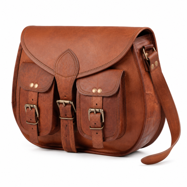A three-quarter front view of a tan full-grain goat leather crossbody saddle bag for women, featuring a main front buckle strap, two smaller buckled front pockets, and an adjustable shoulder strap against a clean white background.