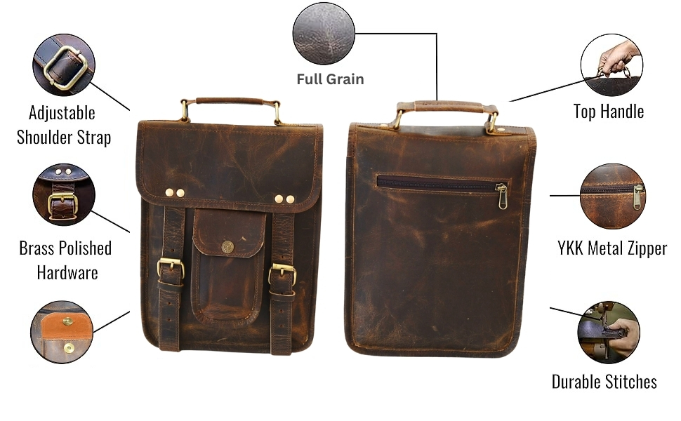An e-commerce infographic image showing the front and back views of a vintage brown leather bag against a white background, surrounded by circular callout zoom-ins highlighting premium features like full-grain leather texture, an adjustable shoulder strap, brass-polished hardware, a leather top handle, a YKK metal zipper pocket, and durable stitching.