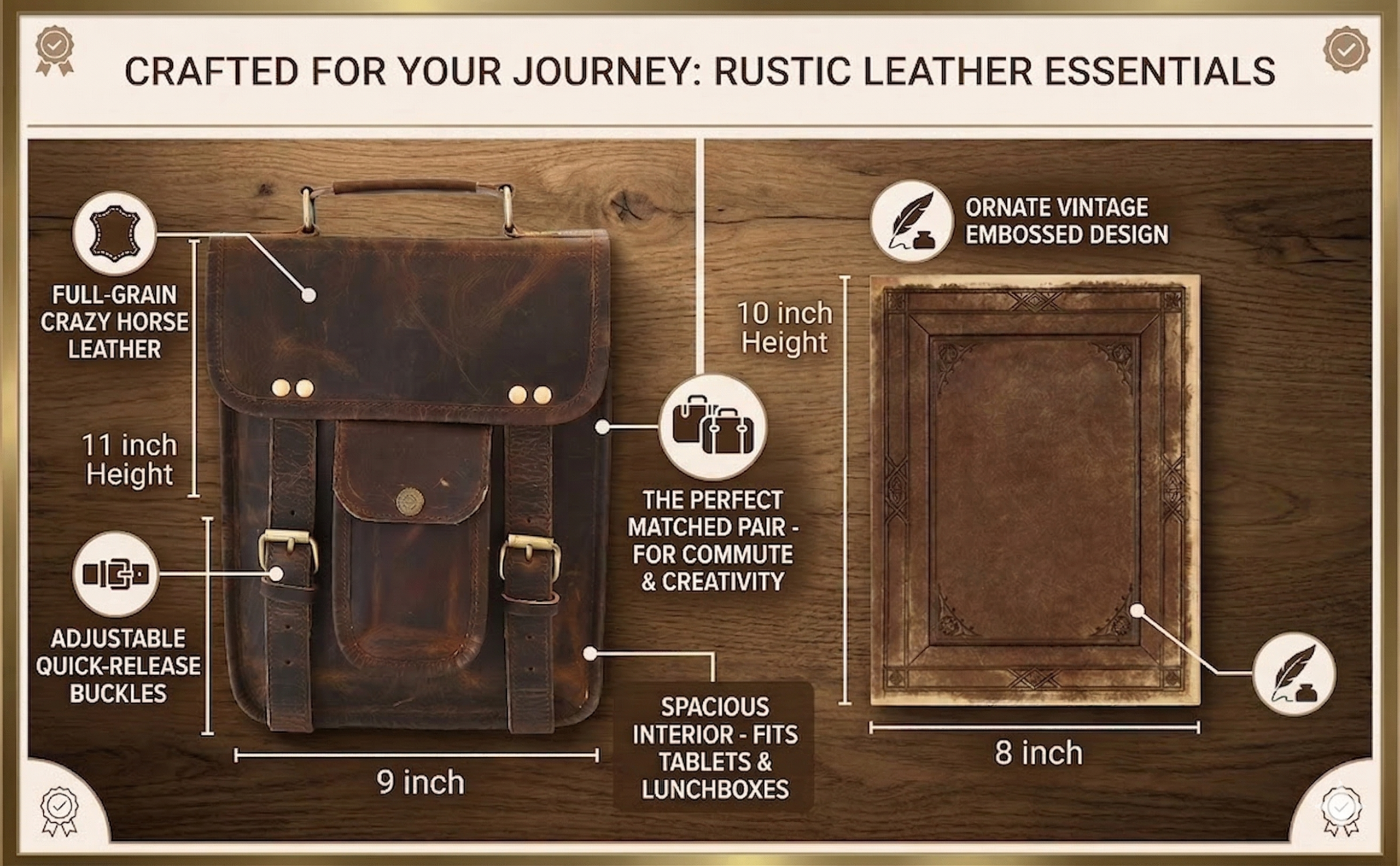 An e-commerce infographic titled "CRAFTED FOR YOUR JOURNEY: RUSTIC LEATHER ESSENTIALS" displaying a dark brown leather satchel bag alongside a matching embossed leather journal on a dark wood grain background, complete with dimensions and key product feature callouts.