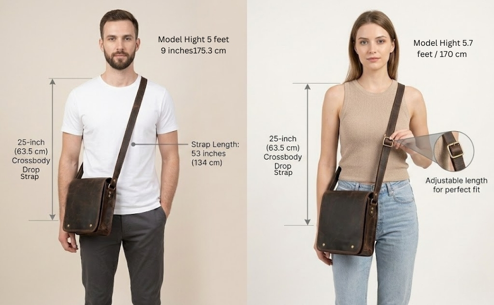 A side-by-side sizing guide showing a 5 foot 9 inch man and a 5 foot 7 inch woman modeling a dark brown leather crossbody bag. Text annotations highlight the 25-inch strap drop, the 53-inch total strap length, and a close-up of the adjustable brass buckle.