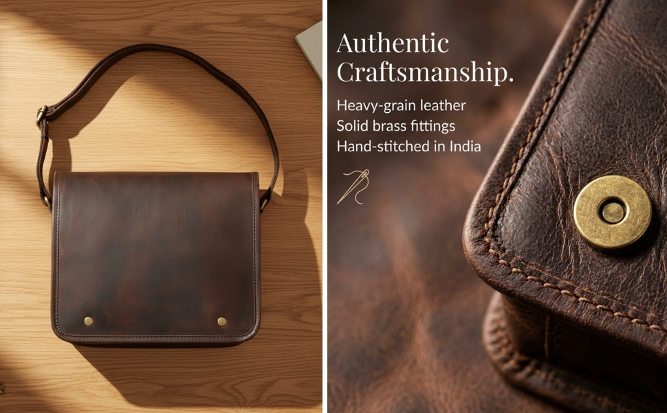 A split-panel image showing a dark brown leather messenger bag resting on a wooden surface on the left, and a close-up of its textured leather, tan edge stitching, and a solid brass magnetic snap on the right. Text overlaid on the right reads, "Authentic Craftsmanship. Heavy-grain leather, Solid brass fittings, Hand-stitched in India," along with a needle and thread icon.