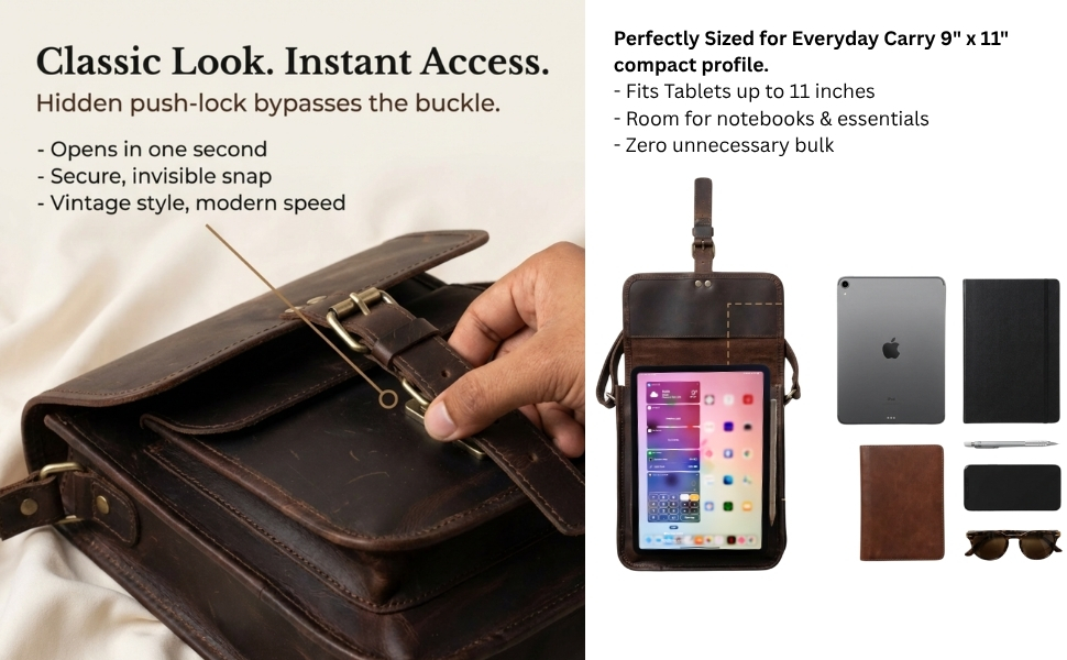 Product infographic for a brown leather satchel bag showcasing its hidden quick-release push-lock functionality on the left and an exploded flat lay view on the right illustrating capacity for an 11-inch tablet, notebook, and daily essentials.