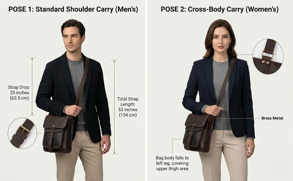 An e-commerce infographic showing a male model demonstrating a standard shoulder carry and a female model showing a cross-body carry with a dark brown leather satchel bag, including measurements for strap drop and total strap length.