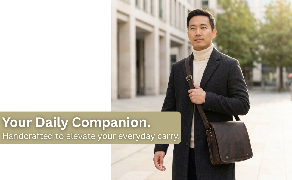 An Asian man wearing a dark tailored overcoat and a cream turtleneck walks outdoors in a city, wearing a dark brown leather messenger bag crossbody. A banner on the left reads, "Your Daily Companion. Handcrafted to elevate your everyday carry."