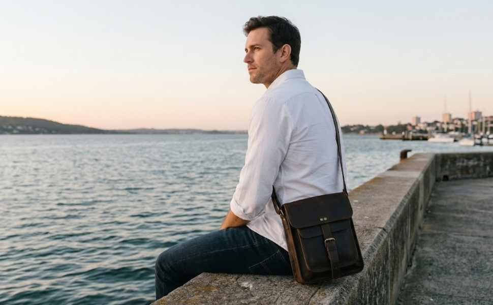 A man in a white button-down shirt and blue jeans sitting on a concrete ledge by the water, wearing a dark brown leather crossbody satchel bag over his shoulder.