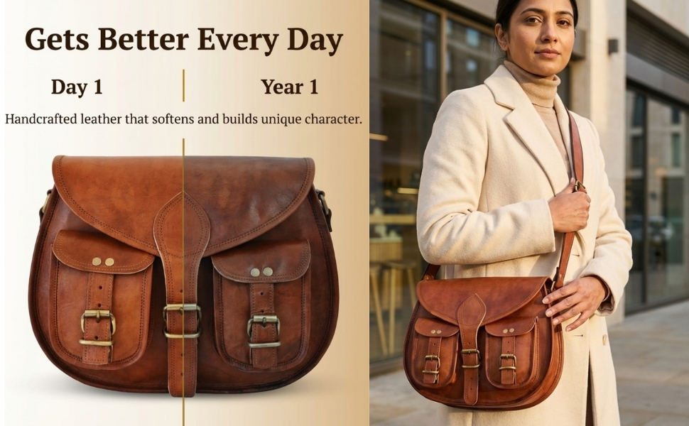 A product infographic showing a leather saddle bag aging progression side-by-side with a lifestyle photo. On the left, a split-screen comparison shows 'Day 1' with lighter leather and 'Year 1' with a richer, darker patina, under the text 'Gets Better Every Day'. On the right, a woman in an off-white coat wears the crossbody bag outdoors.
