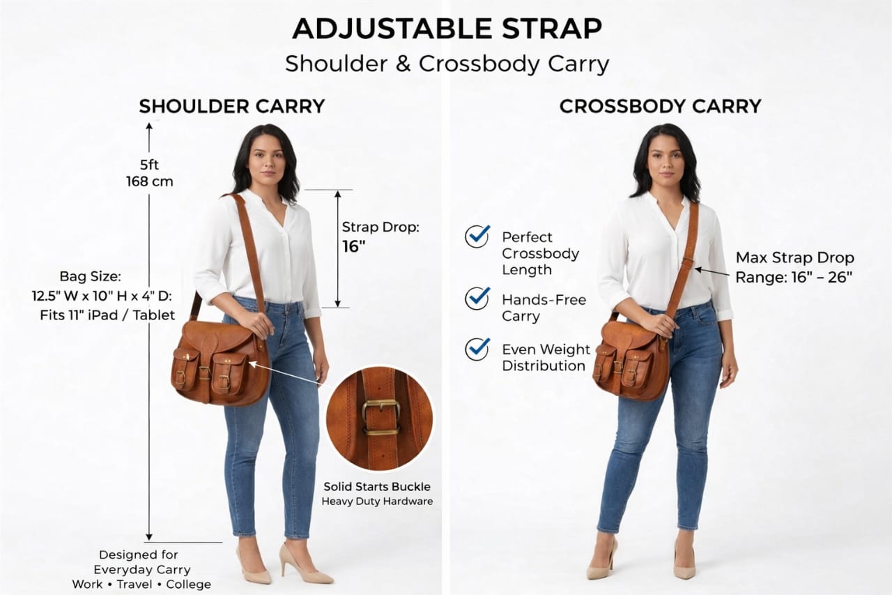 Product infographic for a brown leather saddle bag showing a female model demonstrating 'Shoulder Carry' with a 16-inch strap drop and 'Crossbody Carry' with a 16 to 26-inch max strap drop range. Text details bag dimensions as 12.5 by 10 by 4 inches, fitting an 11-inch iPad, alongside callouts for heavy-duty brass hardware.