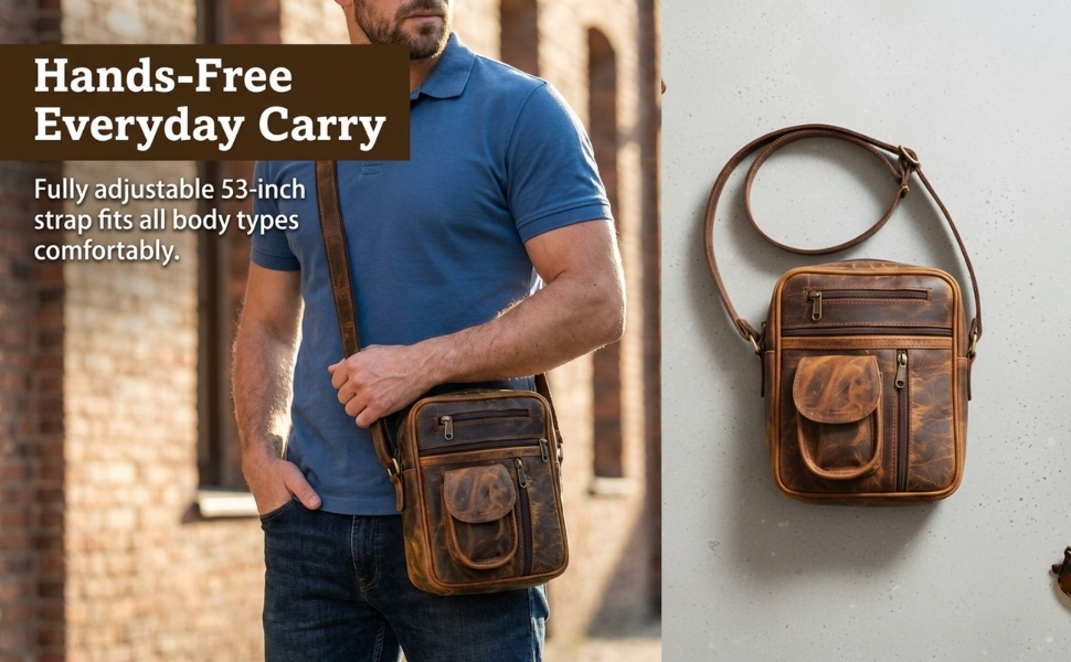 A split-screen infographic showcasing a brown leather crossbody bag. The left side shows a man in a blue polo shirt wearing the bag while walking outdoors, with text reading "Hands-Free Everyday Carry. Fully adjustable 53-inch strap fits all body types comfortably." The right side features a flat-lay view of the same bag with its long shoulder strap looped against a grey textured surface.
