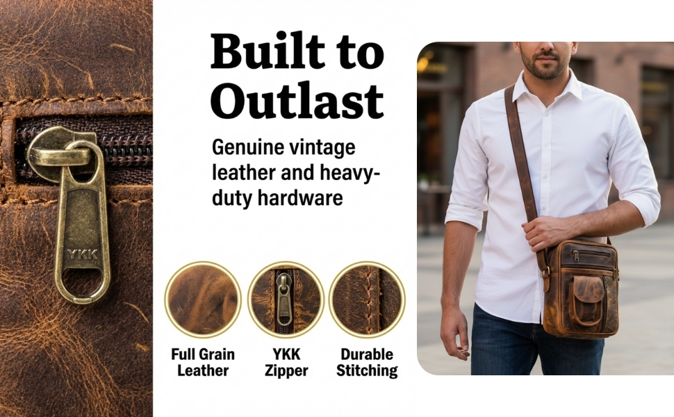A product marketing infographic showcasing a rugged brown leather crossbody bag. The left side features a macro close-up of an antique brass YKK zipper pull on textured leather. The center displays bold text reading "Built to Outlast. Genuine vintage leather and heavy-duty hardware" above three circular product detail callouts labeled "Full Grain Leather," "YKK Zipper," and "Durable Stitching." The right side shows a man in a white button-down shirt wearing the bag over his shoulder.