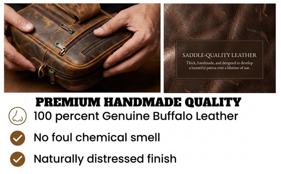 A product marketing infographic for a brown leather bag. The top left panel shows a person's hands holding and examining the zippered compartments of a distressed brown leather bag. The top right panel features a macro close-up of textured leather with a text box reading "SADDLE-QUALITY LEATHER. Thick, handmade, and designed to develop a beautiful patina over a lifetime of use." The bottom section displays a white background with bold headlines and bullet points reading "PREMIUM HANDMADE QUALITY," "100 percent Genuine Buffalo Leather," "No foul chemical smell," and "Naturally distressed finish" next to illustrative icons.