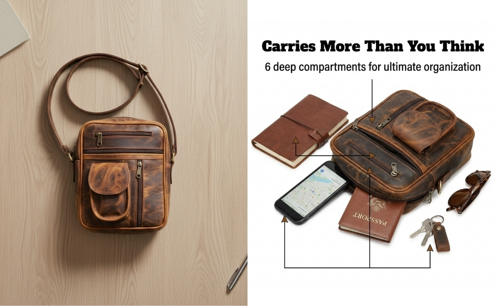 A product marketing infographic showcasing a rugged brown leather crossbody bag. The left side features a macro close-up of an antique brass YKK zipper pull on textured leather. The center displays bold text reading "Built to Outlast. Genuine vintage leather and heavy-duty hardware" above three circular product detail callouts labeled "Full Grain Leather," "YKK Zipper," and "Durable Stitching." The right side shows a man in a white button-down shirt wearing the bag over his shoulder.