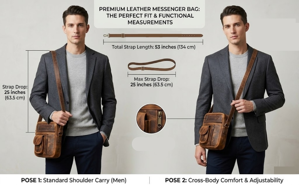 A product sizing infographic showing a man in a grey blazer demonstrating two ways to wear a brown leather messenger bag. The left side shows "POSE 1: Standard Shoulder Carry (Men)" with a vertical dimension indicating a 25-inch strap drop. The right side shows "POSE 2: Cross-Body Comfort & Adjustability." The top center displays illustrations of the strap with text reading "Total Strap Length: 53 inches (134 cm)" and "Max Strap Drop: 25 inches (63.5 cm)," alongside a circular zoom-in of the bag's leather pocket and zipper detail.