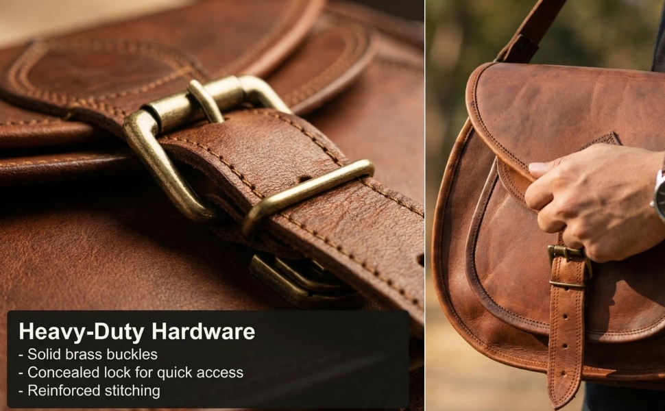 A product infographic split into two panels: the left side shows an extreme close-up of a textured brown leather strap with a solid brass buckle and neat stitching, while the right side displays a person holding the flap of the same leather saddle-style crossbody bag outdoors.
