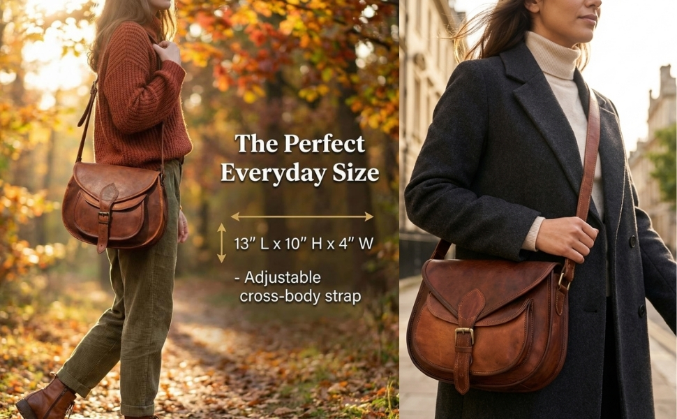An e-commerce split-screen banner featuring a woman carrying a tan leather saddle-style crossbody bag in two distinct outdoor settings—one on a sunlit autumn path and the other on a city street—with center text detailing the bag's dimensions and adjustable strap.