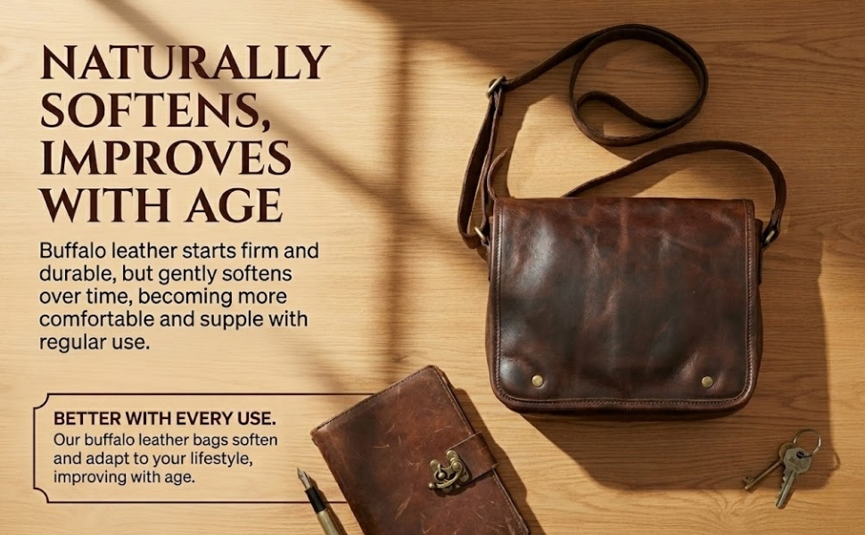 A dark brown buffalo leather messenger bag and a matching leather journal rest on a sunlit wooden desk alongside a fountain pen and vintage keys. Text on the image emphasizes that the buffalo leather naturally softens and improves with age and regular use.
