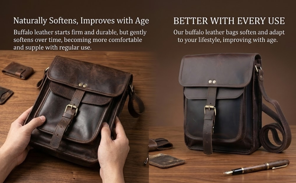 A two-panel marketing infographic for a dark brown buffalo leather satchel bag highlighting how the material naturally softens and improves with age.