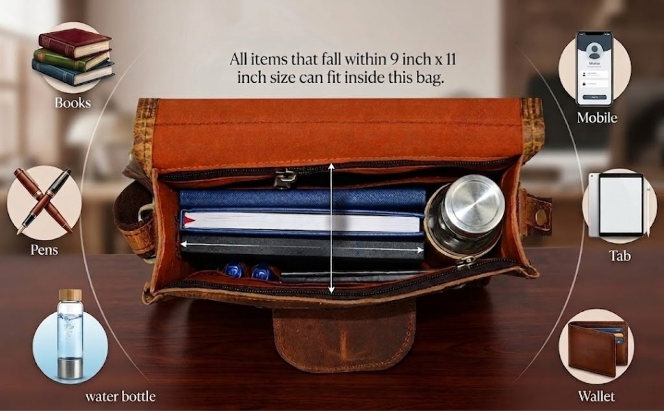product infographic showing an overhead view of an open brown leather bag packed with a water bottle and notebooks, with bidirectional white measurement arrows inside the compartment and surrounding circular icons indicating it can fit books, pens, a water bottle, a mobile phone, a tablet, and a wallet.