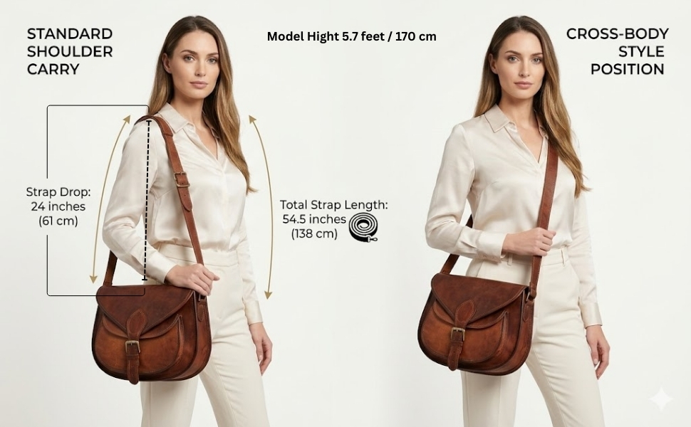 An e-commerce product infographic displaying two side-by-side studio views of a female model demonstrating different ways to wear a vintage brown leather saddle bag, with technical text specifications detailing the strap drop and total strap length relative to her height.