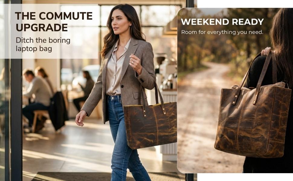 A dual-panel marketing graphic showcasing a distressed brown leather tote bag for work and travel. The left panel shows a professional woman in a grey blazer carrying the bag while walking through a cafe doorway, with a text box reading "THE COMMUTE UPGRADE. Ditch the boring laptop bag." The right panel shows an outdoor shot from behind a woman carrying the same leather tote bag over her shoulder along a dirt path, with text reading "WEEKEND READY. Room for everything you need."