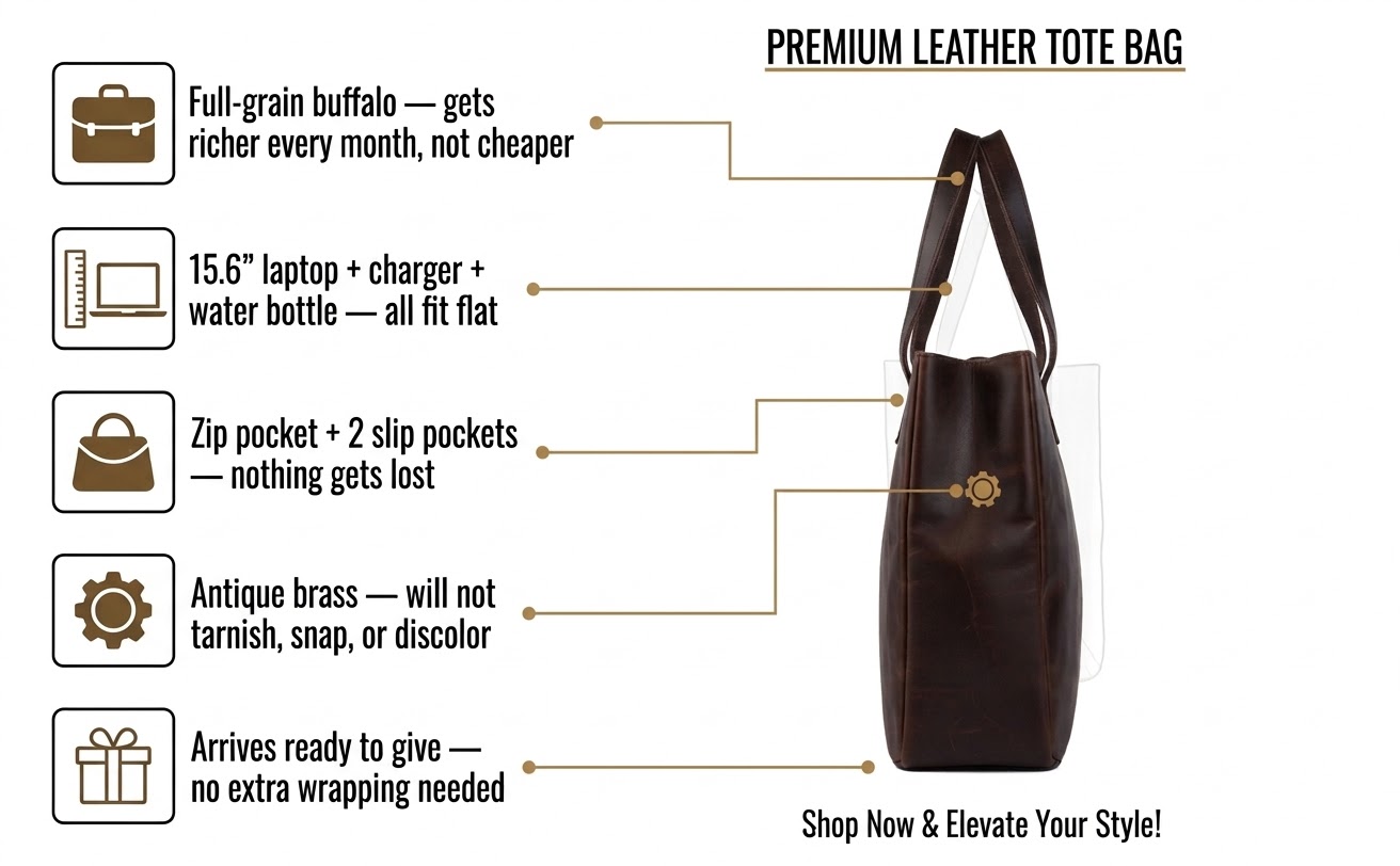 A product marketing infographic displaying a side profile shot of a dark brown leather tote bag against a white background. Five feature callouts with gold-colored lines point from brown-and-white icons on the left to specific parts of the bag. The icons represent a briefcase, a laptop with a ruler, a tote bag, a gear, and a gift box, detailing materials like full-grain buffalo leather and antique brass, storage capacities, and gift readiness.