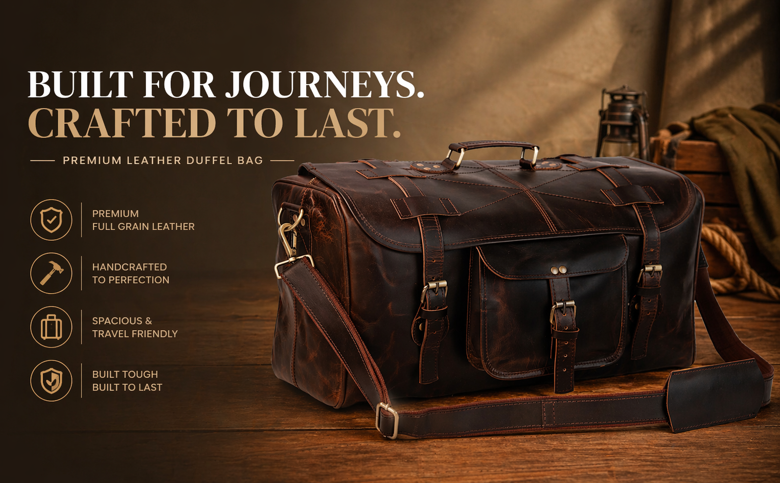 A premium dark brown full-grain leather duffel bag with a shoulder strap resting on a wooden surface, featuring the promotional text "Built for Journeys. Crafted to Last."