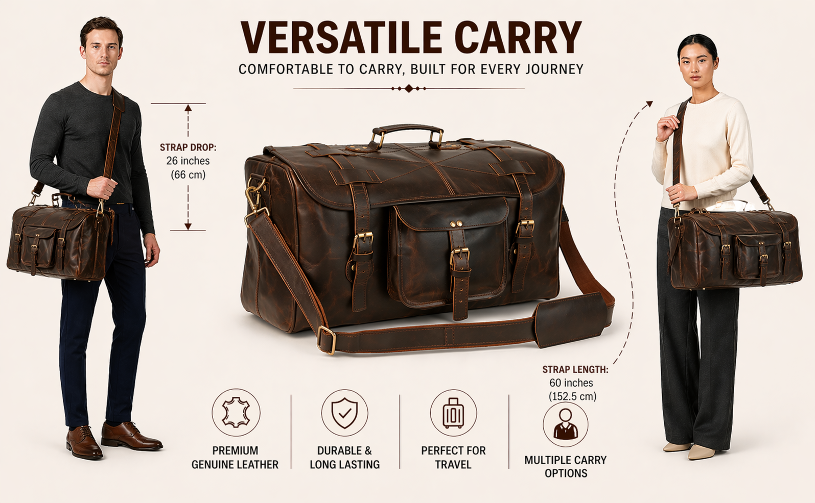 Product infographic for a brown leather travel duffel bag demonstrating fit on male and female models. The image displays a strap drop of 26 inches (66 cm) and a total strap length of 60 inches (152.5 cm) under the headline "Versatile Carry."