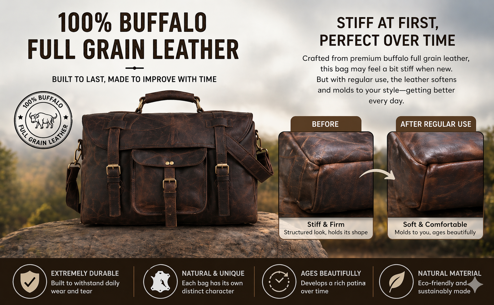 Product infographic for a brown buffalo full-grain leather messenger briefcase bag resting on a rock outdoors. The image showcases a "Before" and "After Regular Use" comparison, illustrating how the leather softens, molds, and ages beautifully over time.