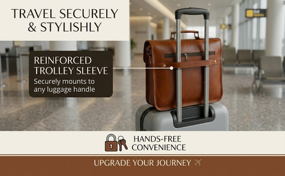 A product travel infographic showing the back of a brown leather messenger bag mounted onto the telescoping handle of a grey rolling suitcase. Text boxes read "TRAVEL SECURELY & STYLISHLY" and "REINFORCED TROLLEY SLEEVE. Securely mounts to any luggage handle," alongside a bottom banner reading "HANDS-FREE CONVENIENCE. UPGRADE YOUR JOURNEY."
