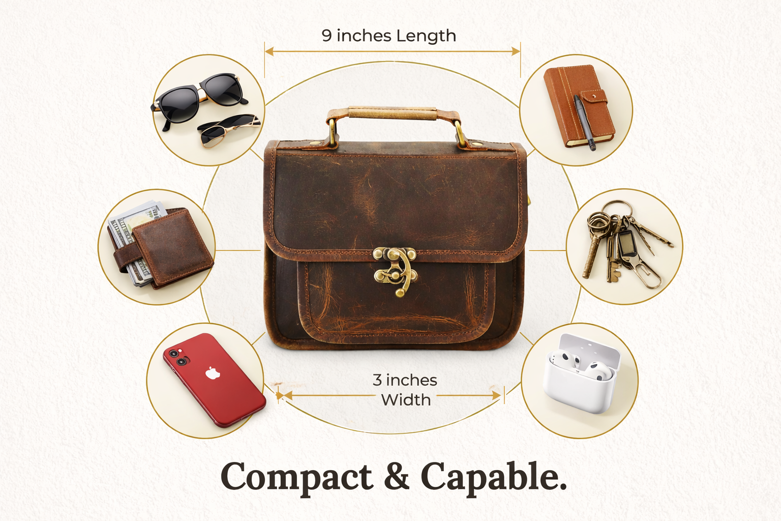 Compact brown full-grain leather satchel bag surrounded by everyday essentials including a phone, wallet, keys, notebook, sunglasses, and earbuds, highlighting storage capacity.