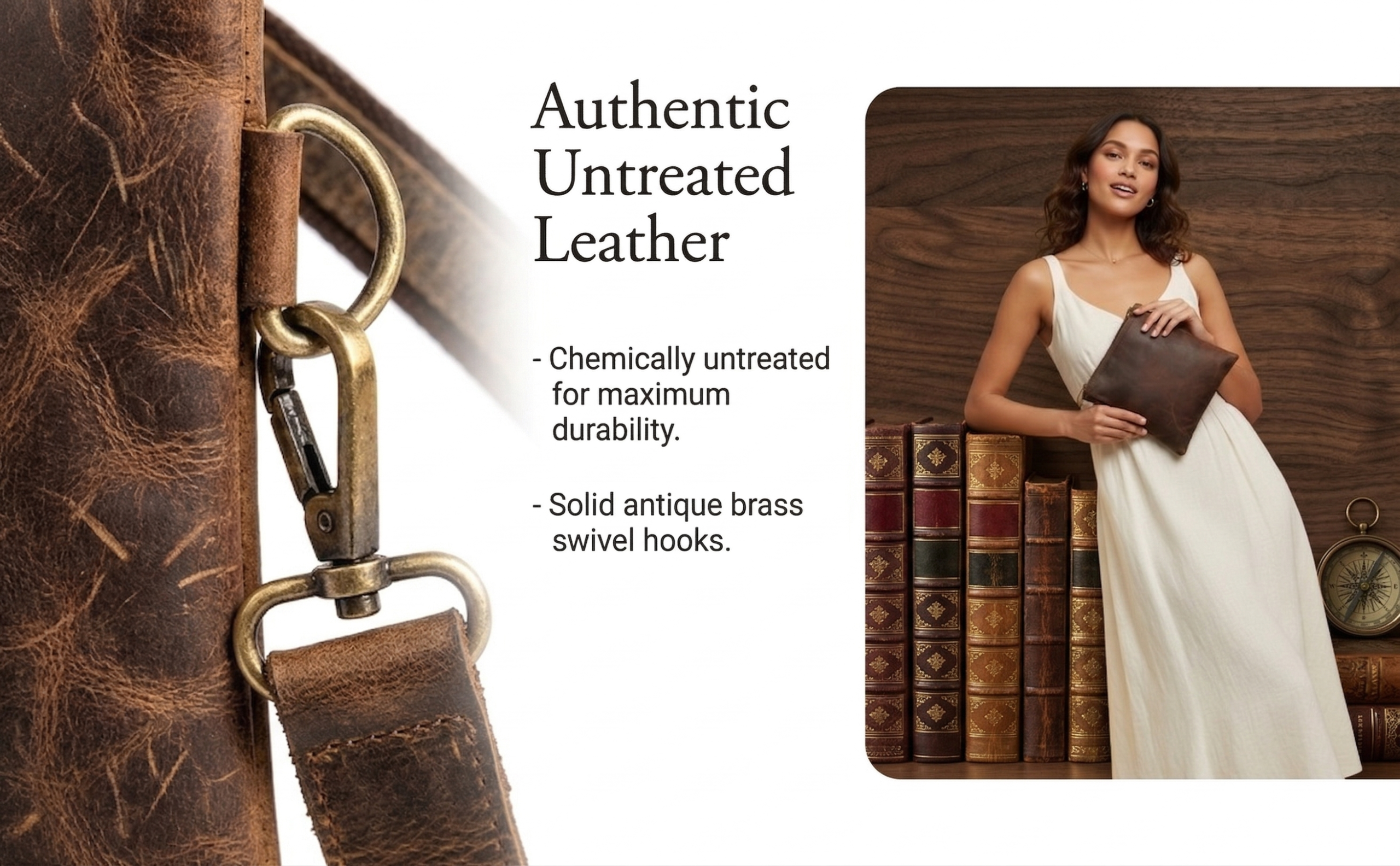 Close-up of full-grain leather texture and antique brass swivel hardware alongside a woman holding a handcrafted leather pouch, highlighting premium materials and craftsmanship.