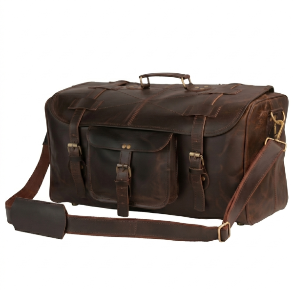 Large brown full-grain leather duffle bag with vintage distressed finish, front buckle pocket, multiple strap closures, brass hardware, and spacious travel-ready design.