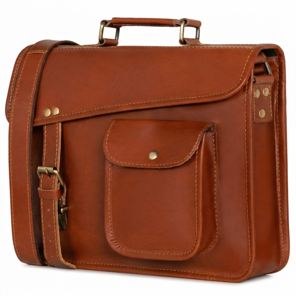 Alt Text A professional studio shot of a classic brown leather satchel bag isolated on a solid white background. The bag features a structured design with a top carry handle, an asymmetrical front flap, a prominent front pouch pocket with a metal snap closure, and a matching leather shoulder strap secured with antique brass hardware and a roller buckle.