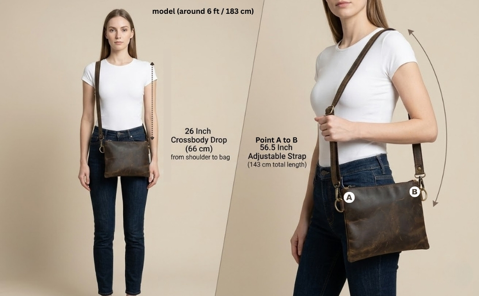Woman wearing a brown full-grain leather crossbody bag with an adjustable shoulder strap, demonstrating fit, comfort, and strap length measurements.