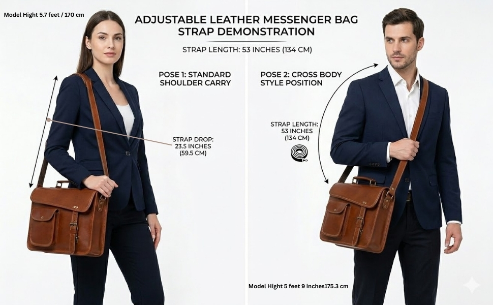 Alt TextA product sizing infographic split into two panels demonstrating an adjustable leather strap. The left panel shows a female model carrying a brown leather messenger bag over her shoulder with an indicated strap drop of 23.5 inches. The right panel shows a male model wearing the same bag in a crossbody style position with an indicated strap length of 53 inches. The top center heading reads "ADJUSTABLE LEATHER MESSENGER BAG STRAP DEMONSTRATION."