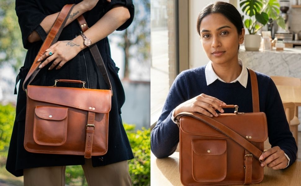 A split-screen product image showing a stylish brown leather messenger satchel bag used by two women. The left side captures a close-up outdoor shot of a woman in a black dress wearing the bag over her shoulder. The right side shows an indoor portrait of a woman in a navy sweater and collared shirt sitting at a table with the bag resting in front of her.