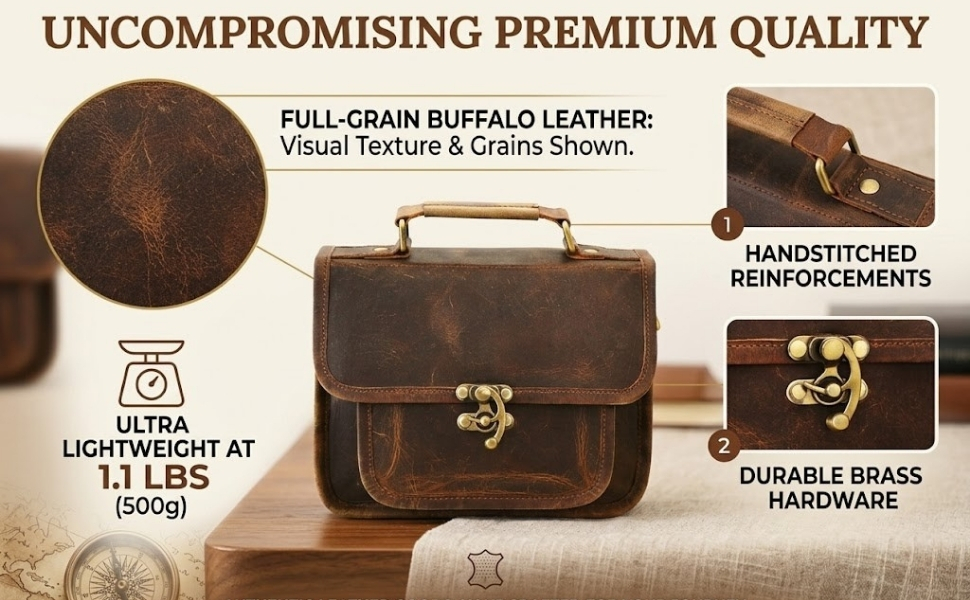 Compact full-grain buffalo leather satchel bag highlighting natural leather grain, reinforced stitching, durable brass hardware, and lightweight handcrafted construction.