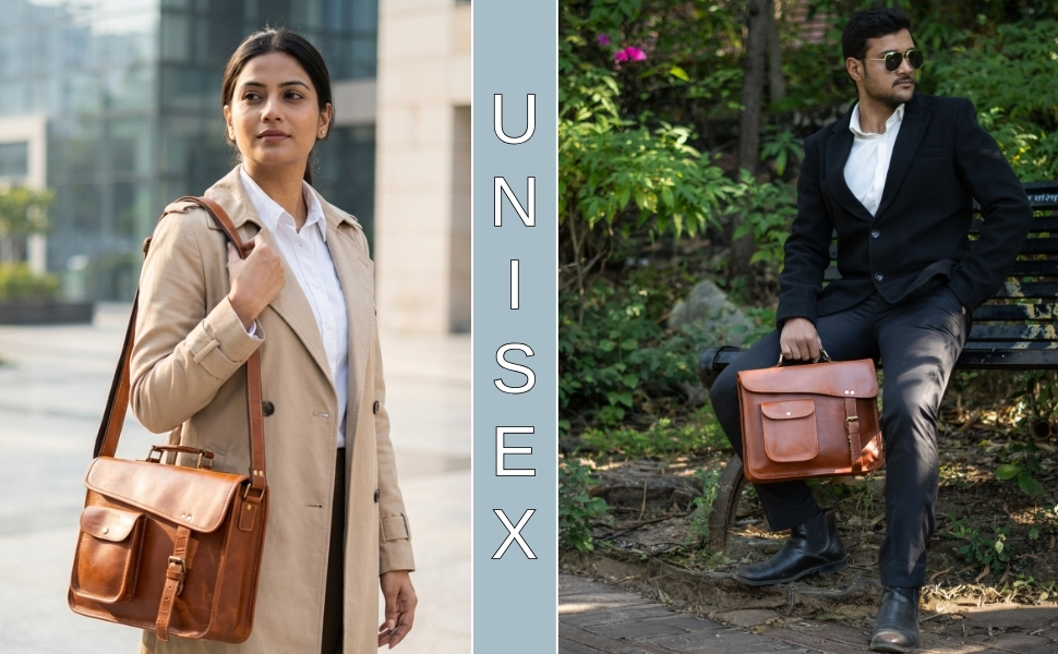A marketing graphic divided into two sections showing the unisex appeal of a brown leather satchel bag. The left panel shows a professional woman in a beige trench coat carrying the bag over her shoulder in a city setting. A central vertical banner reads "UNISEX." The right panel shows a man in a black blazer and sunglasses sitting on an outdoor bench holding the same bag by its top handle.