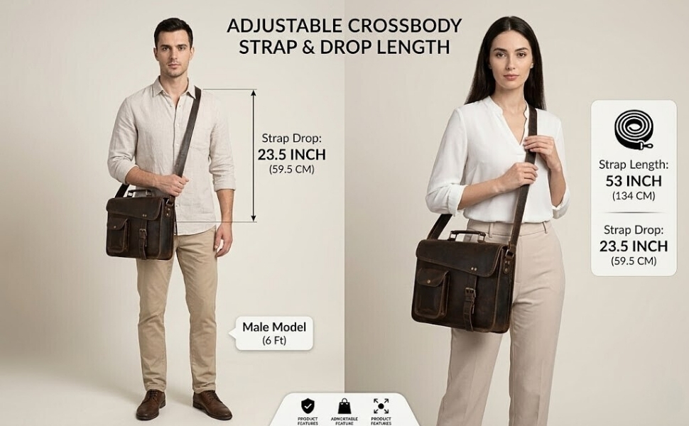 An infographic titled "Adjustable Crossbody Strap & Drop Length" featuring a male and a female model demonstrating how a dark brown leather messenger bag fits. On the left, a 6-foot-tall male model wears the bag crossbody, with a dimension line indicating a strap drop of 23.5 inches (59.5 cm). On the right, a female model wears the same bag over her shoulder. A feature box on the far right details the specifications: Strap Length of 53 inches (134 cm) and Strap Drop of 23.5 inches (59.5 cm). Small feature icons are visible at the bottom center against a clean, off-white studio background.