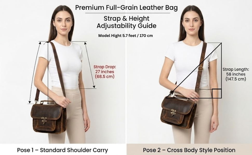 Woman modeling a brown full-grain leather satchel in shoulder and crossbody styles, demonstrating adjustable strap length, drop height, and carrying positions.