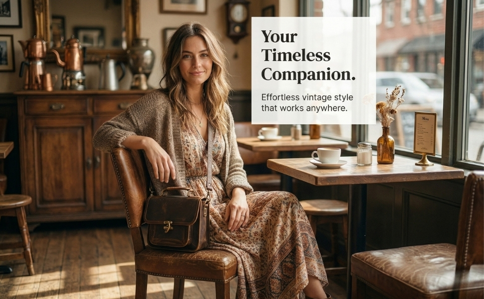 Woman sitting in a cozy café with a vintage-inspired brown leather satchel, showcasing timeless design, everyday elegance, and versatile crossbody functionality.