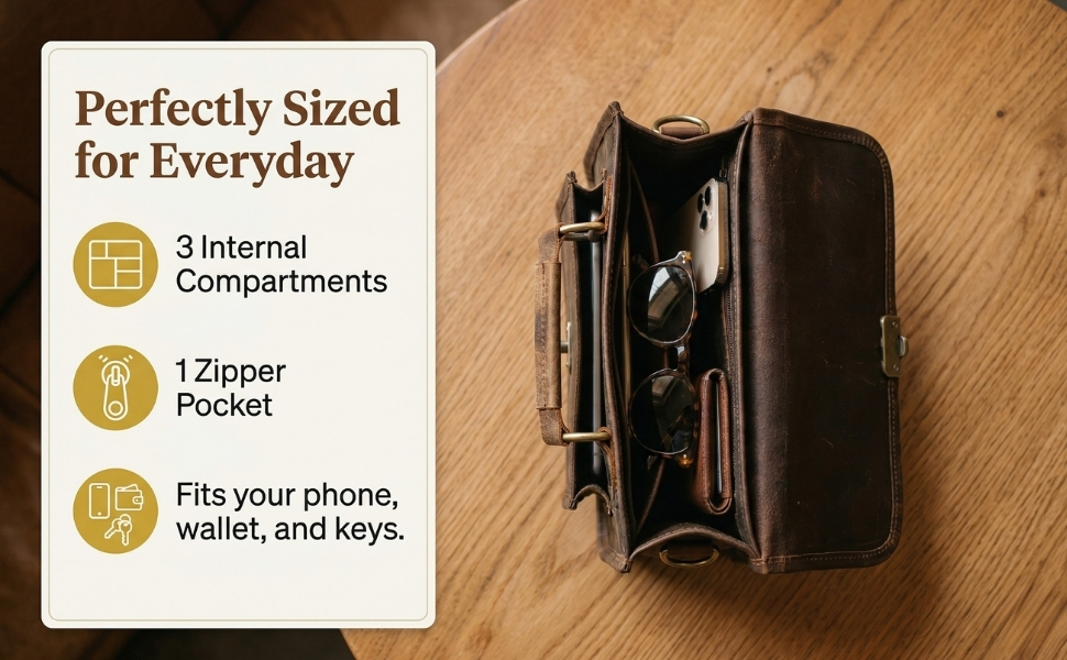 Open full-grain leather satchel bag displaying organized compartments with a phone, wallet, sunglasses, and daily essentials neatly stored inside.