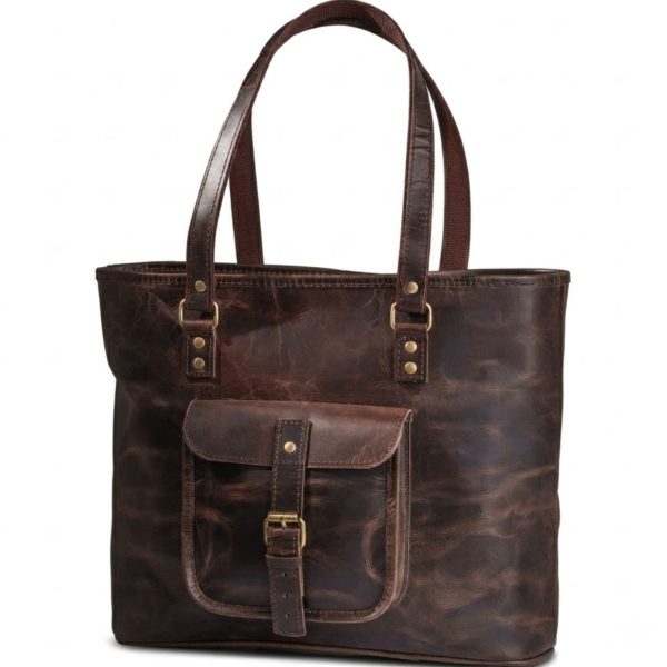 Dark brown full-grain leather tote bag with front buckle pocket, reinforced shoulder straps, and spacious interior for work, travel, and everyday use.
