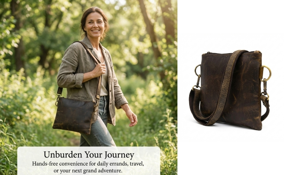 Woman carrying a dark brown leather sling bag while walking through nature, highlighting hands-free comfort, lightweight design, and everyday versatility.