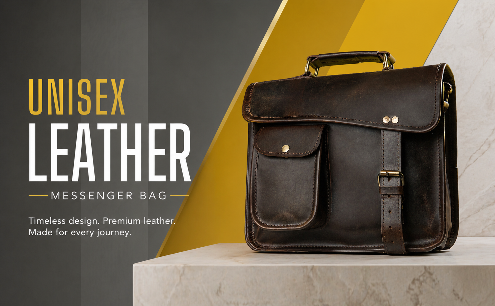 A promotional banner featuring a dark brown unisex leather messenger bag resting on a white marble ledge. The background is divided diagonally, with a dark textured gray wall on the left and a sharp yellow accent strip separating it from a light marble wall on the right. Large typography on the left reads "UNISEX LEATHER MESSENGER BAG" in gold and white text, accompanied by the tagline "Timeless design. Premium leather. Made for every journey." The bag features a front pocket with a brass snap, a secure buckle closure, and a rugged leather top handle with brass fittings.