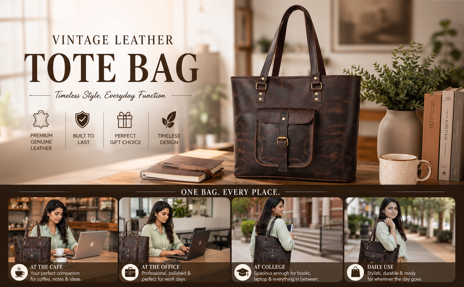 Vintage leather tote bag displayed in a home office setting, featuring spacious storage, durable construction, and versatile use for work, college, travel, and everyday carry.
