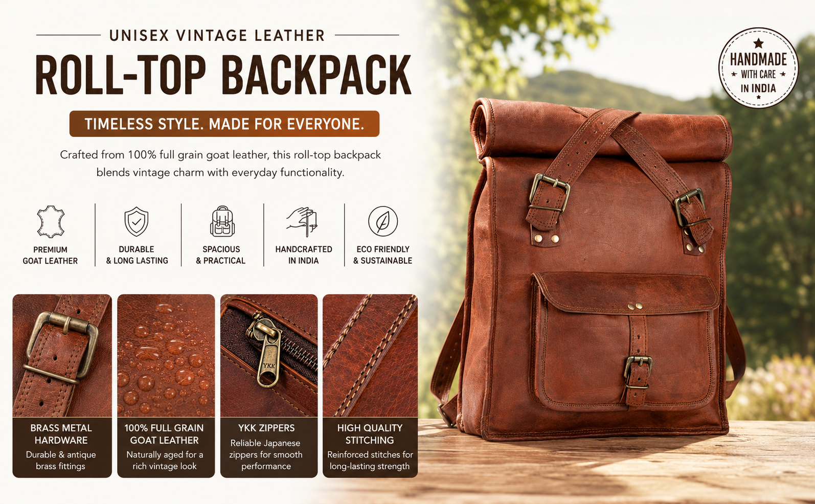 Full-grain goat leather roll-top backpack showcasing premium brass hardware, YKK zippers, reinforced stitching, and handcrafted construction for everyday use.