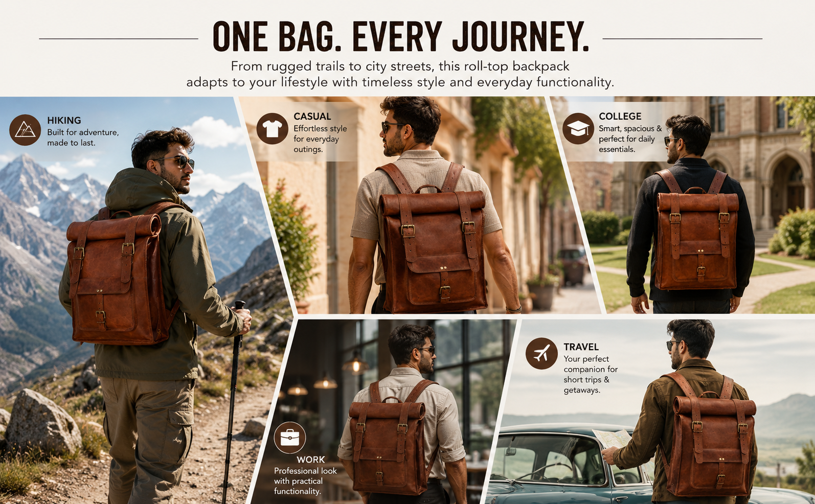 Lifestyle collage showing a full-grain leather roll-top backpack used for hiking, travel, work, college, and everyday activities, highlighting its versatile unisex design.