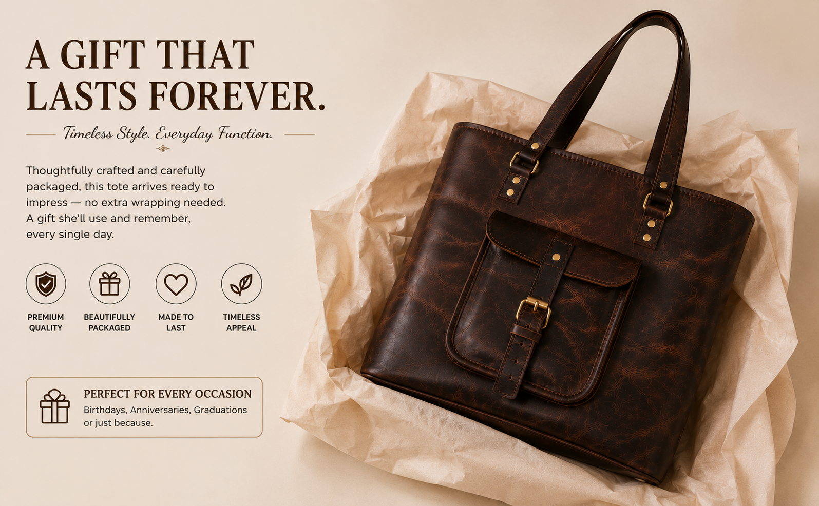 Premium vintage leather tote bag presented as a thoughtful gift, featuring handcrafted full-grain leather construction, timeless design, and elegant packaging.